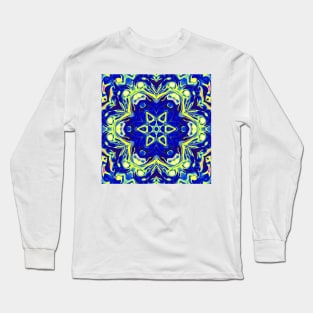 Psychedelic Mandala Flower Blue and Yellow Long Sleeve T-Shirt